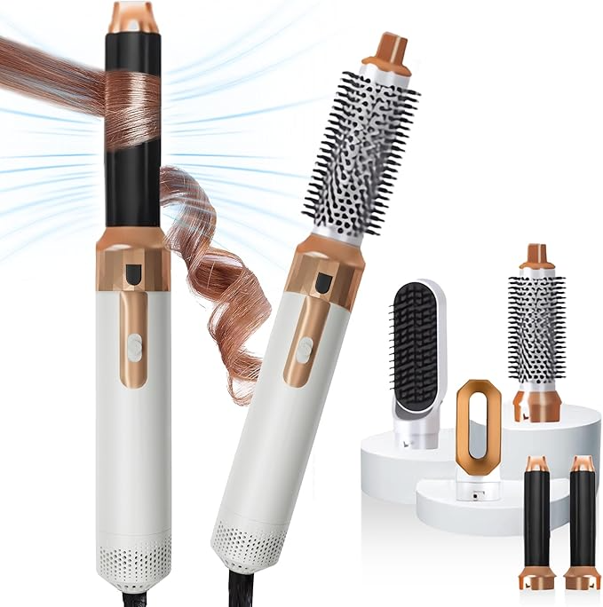 5-in-1 kit: curling wand, round volumizing brush, and straightening brush